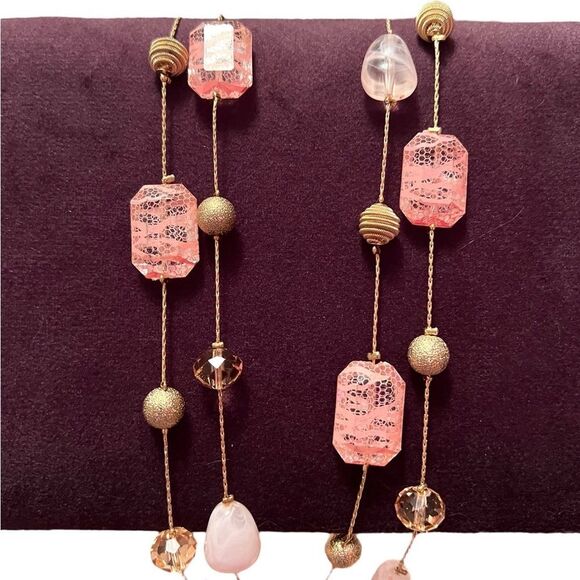 Noir Elegant Pink and Gold Beaded Double Stranded Long Necklace - Picture 3 of 4